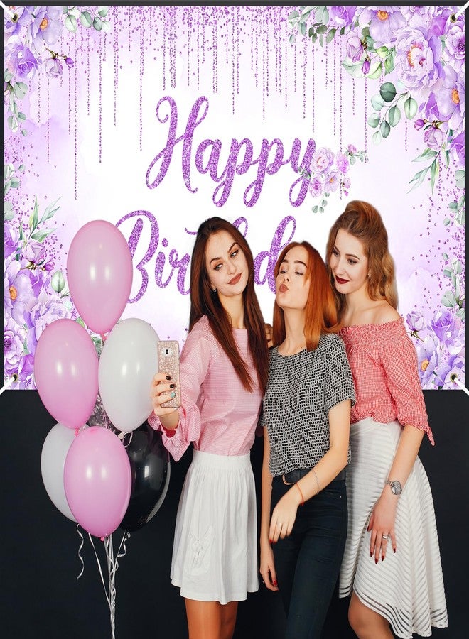 Avezano Happy Birthday Backdrop Banner for Girls Women Happy Birthday Party Decorations Floral Glitters Bday Banner Party Supplies (Purple, 6x3.6ft) - Image 5